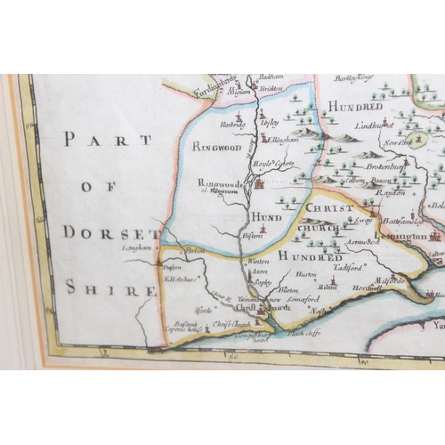 471 - Robert Morden (c. 1650 – 1703): 17th century hand-coloured engraved map of Hampshire, in glazed fram... 