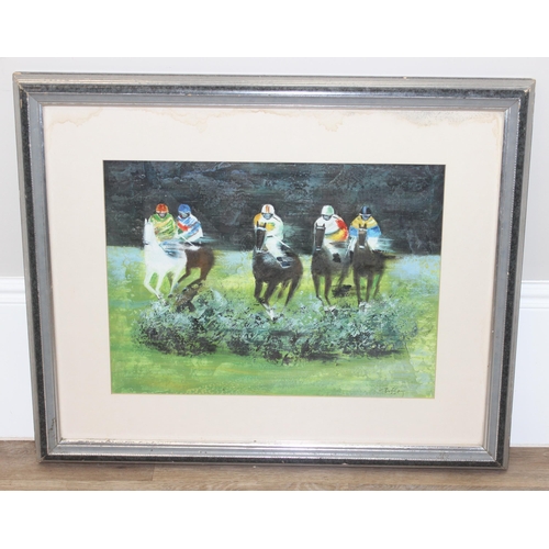 476 - A large original oil painting of horse racing, signed bottom right 'Buffet', in glazed frame, approx... 