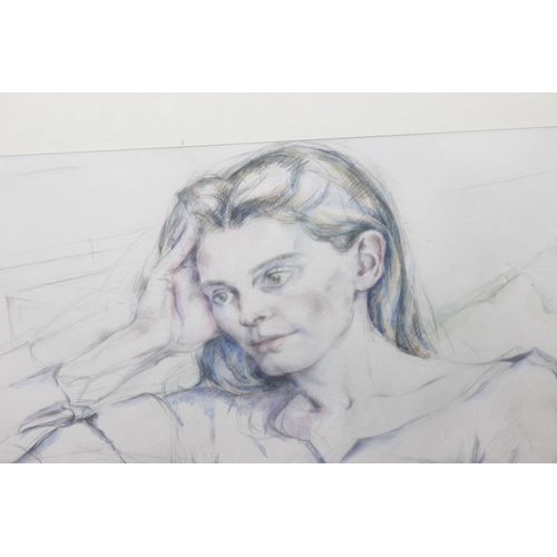 477 - A Large watercolour and pencil drawing of a pensive female, signed in pencil bottom right Plunkett, ... 