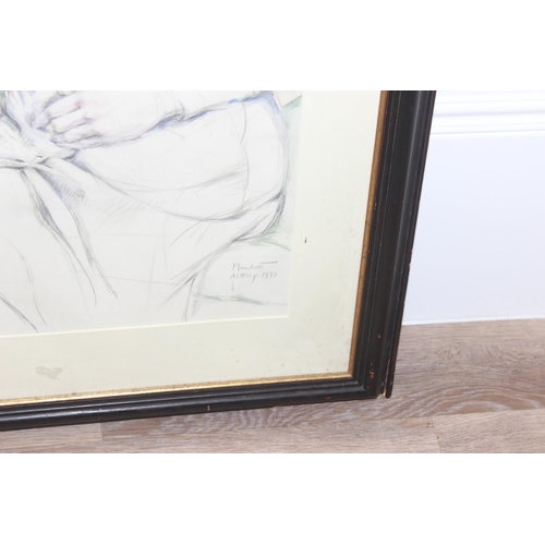 477 - A Large watercolour and pencil drawing of a pensive female, signed in pencil bottom right Plunkett, ... 