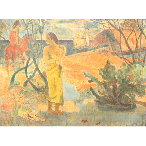 478 - After Paul Gauguin (French 1848-1903), a large textured oil on canvas print of a Tahitian scene with... 