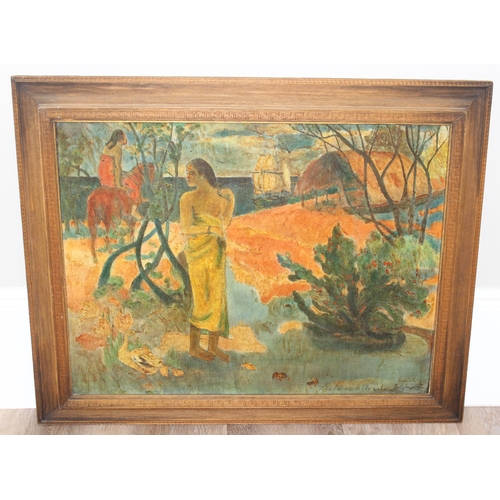 478 - After Paul Gauguin (French 1848-1903), a large textured oil on canvas print of a Tahitian scene with... 