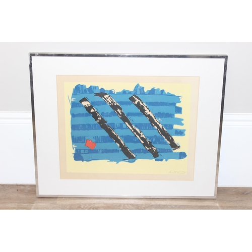 488 - Berndt Wistedt, limited edition (5/190) abstract linocut print in blue, yellow and black, indistinct... 