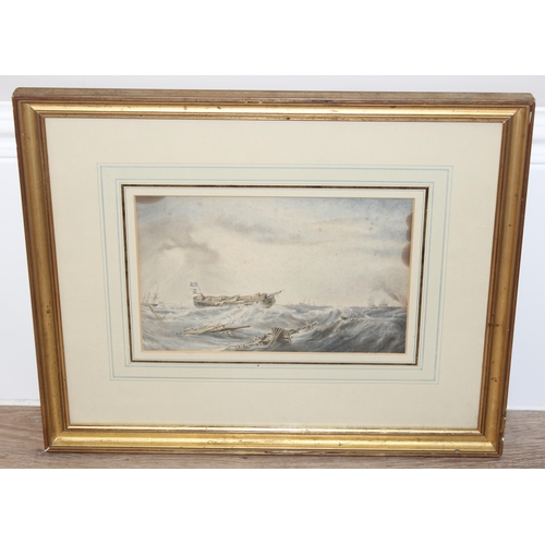 490 - Antique watercolour of a sinking ship in the rough seas, in glazed gilt-frame, seemingly unsigned, a... 