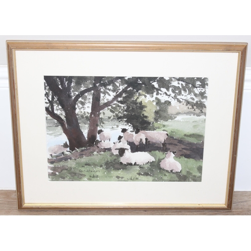 492 - Ken Hayes (British, 1962 - ): Original watercolour of some sheep under a shady tree, signed bottom l... 