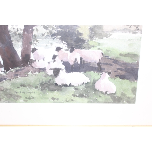 492 - Ken Hayes (British, 1962 - ): Original watercolour of some sheep under a shady tree, signed bottom l... 