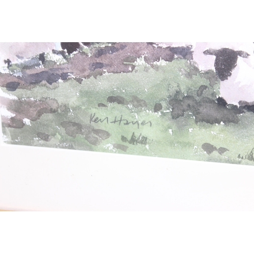 492 - Ken Hayes (British, 1962 - ): Original watercolour of some sheep under a shady tree, signed bottom l... 