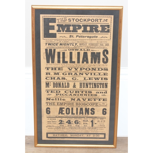 494 - An antique advertising poster for The Stockport Empire, St. Petersgate, dated 1908, with acts incl O... 