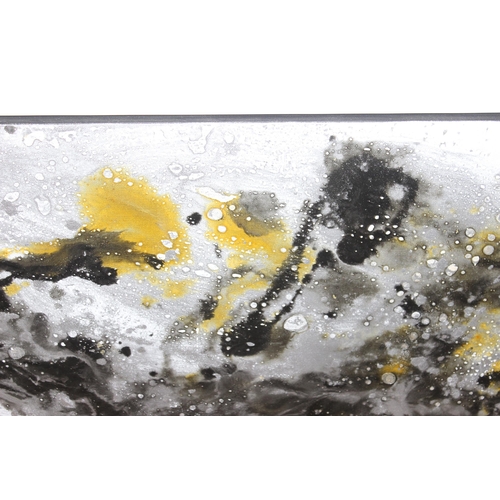 512 - Large abstract black and white oil on canvas with gold accents, mounted in wooden frame, seemingly u... 