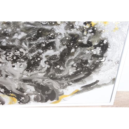 512 - Large abstract black and white oil on canvas with gold accents, mounted in wooden frame, seemingly u... 