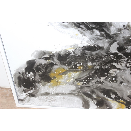 512 - Large abstract black and white oil on canvas with gold accents, mounted in wooden frame, seemingly u... 