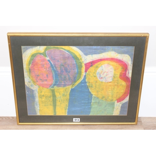 513 - Colourful abstract batik artwork in glazed frame, approx 71 x 56cm