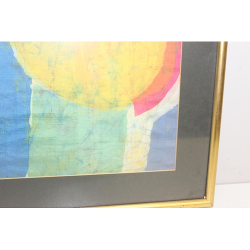 513 - Colourful abstract batik artwork in glazed frame, approx 71 x 56cm