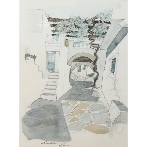 514 - Large pencil, ink and watercolour of a Grecian stone-flagged street, indistinctly signed, dated '73,... 