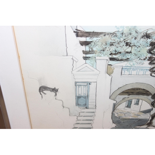 514 - Large pencil, ink and watercolour of a Grecian stone-flagged street, indistinctly signed, dated '73,... 