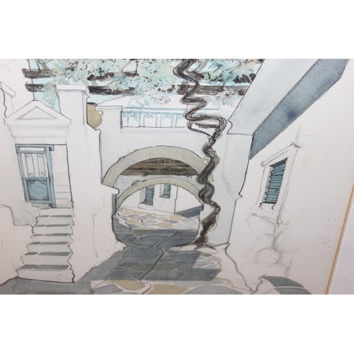 514 - Large pencil, ink and watercolour of a Grecian stone-flagged street, indistinctly signed, dated '73,... 