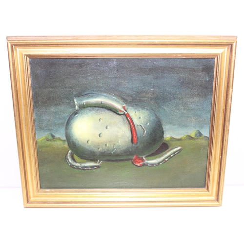 520 - Surrealist oil painting of slugs and paint tube, in gilt frame, seemingly unsigned, approx 37 x 30cm