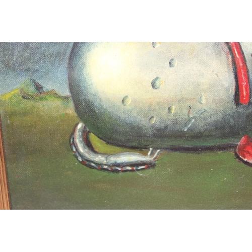 520 - Surrealist oil painting of slugs and paint tube, in gilt frame, seemingly unsigned, approx 37 x 30cm