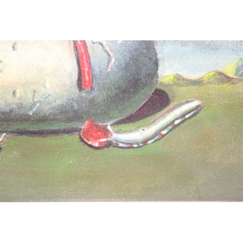 520 - Surrealist oil painting of slugs and paint tube, in gilt frame, seemingly unsigned, approx 37 x 30cm