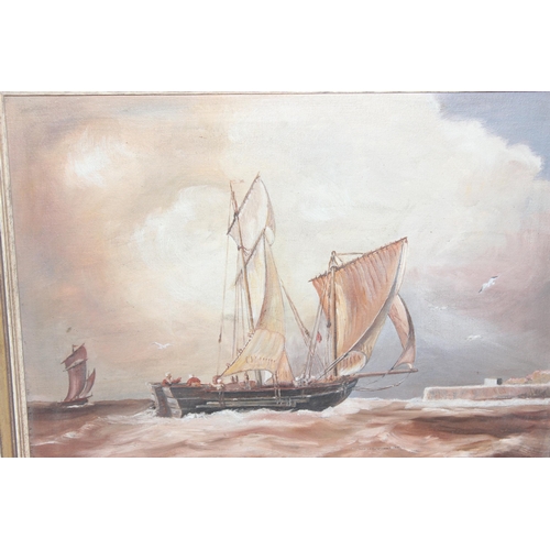 545 - Noel King (XX), oil on canvas of ships at sail, approx 56cm x 46cm inc frame