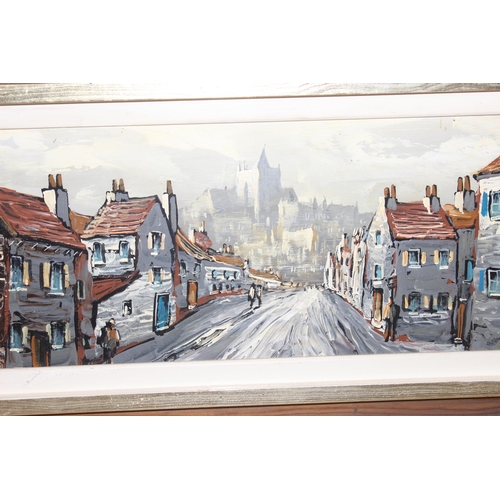 546 - Edward Elliott (b.1918), oil on board of a street scene, signed lower right, various annotations ver... 