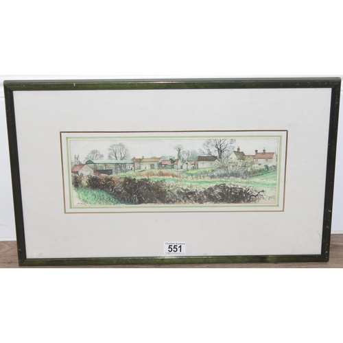 551 - Original watercolour painting entitled 'Farm Buildings Near Newton', label verso with gallery price ... 