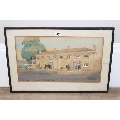 553 - A 1930's original watercolour of the Hare & Hounds, Vicarage Road, Sunbury by H. Reginald Ross, sign... 