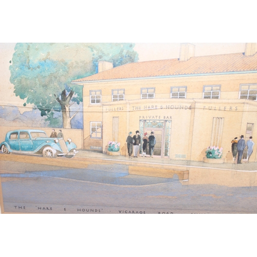 553 - A 1930's original watercolour of the Hare & Hounds, Vicarage Road, Sunbury by H. Reginald Ross, sign... 