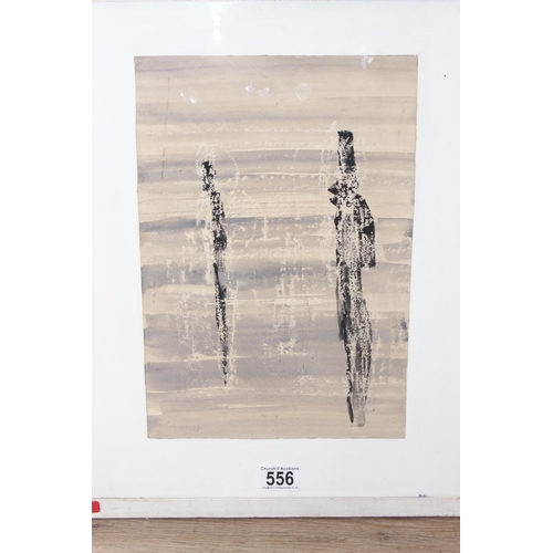 556 - Mixed media abstract painting of two silhouetted figures, in glazed frame, indistinctly signed botto... 