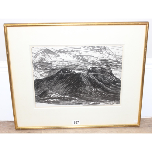 557 - Contemporary mixed media abstract, possibly of a mountain scene, indistinctly signed bottom right, i... 