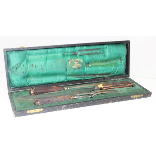 1019 - Antique antler handled carving set by Lockwood Brothers of Sheffield in lined box