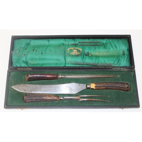 1019 - Antique antler handled carving set by Lockwood Brothers of Sheffield in lined box