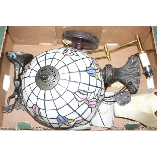 233 - 4 boxes of assorted light fittings and shades, to incl a Tiffany style lightshade, oil lamps etc