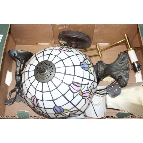 233 - 4 boxes of assorted light fittings and shades, to incl a Tiffany style lightshade, oil lamps etc