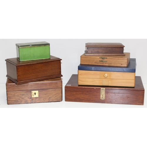 275 - Qty of assorted vintage and later wooden and other collectors' boxes, jewellery boxes, tins etc, the... 