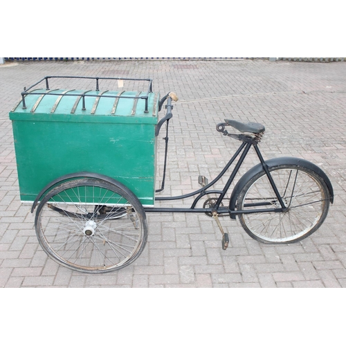 300 - Antique Tradesman's box tricycle with sprung saddle and green painted trade box, approx 208cm W x 80... 