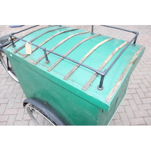 300 - Antique Tradesman's box tricycle with sprung saddle and green painted trade box, approx 208cm W x 80... 