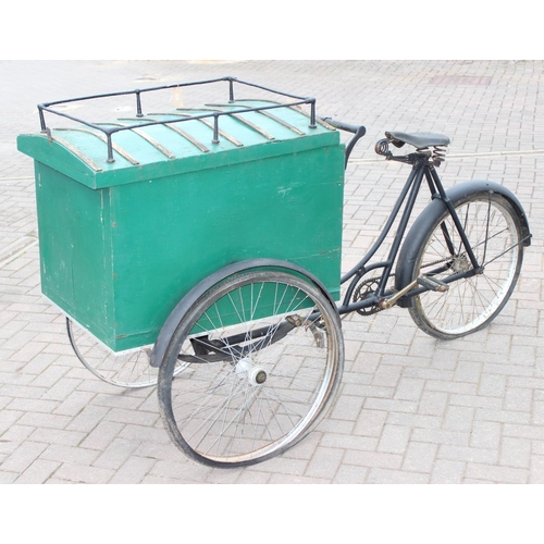 300 - Antique Tradesman's box tricycle with sprung saddle and green painted trade box, approx 208cm W x 80... 