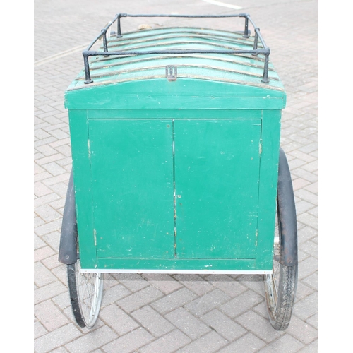 300 - Antique Tradesman's box tricycle with sprung saddle and green painted trade box, approx 208cm W x 80... 