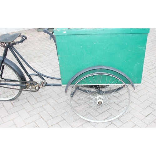 300 - Antique Tradesman's box tricycle with sprung saddle and green painted trade box, approx 208cm W x 80... 