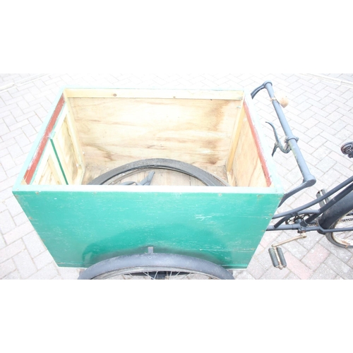 300 - Antique Tradesman's box tricycle with sprung saddle and green painted trade box, approx 208cm W x 80... 