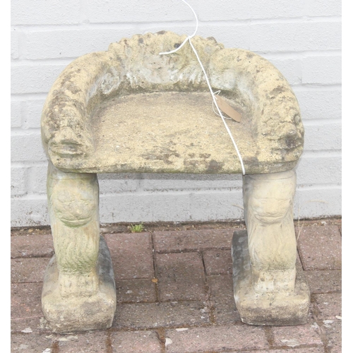 310 - Child's concrete 3-piece seat with lion supports, approx 47cm x 40cm H