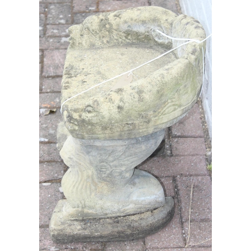 310 - Child's concrete 3-piece seat with lion supports, approx 47cm x 40cm H