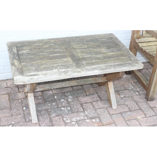 325 - Teak garden bench, and a small wooden garden table with cross banded legs, both by Woodfurn, bench a... 