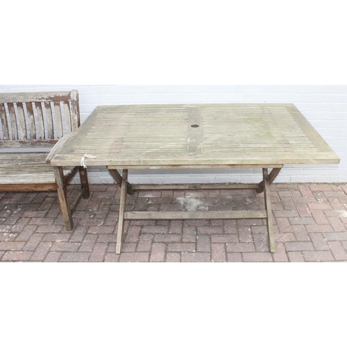 326 - Teak garden table, approx 160cm x 105 x 75cm, and a wooden garden bench (2)