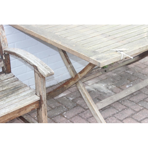 326 - Teak garden table, approx 160cm x 105 x 75cm, and a wooden garden bench (2)