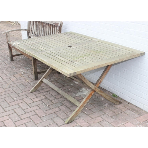 326 - Teak garden table, approx 160cm x 105 x 75cm, and a wooden garden bench (2)