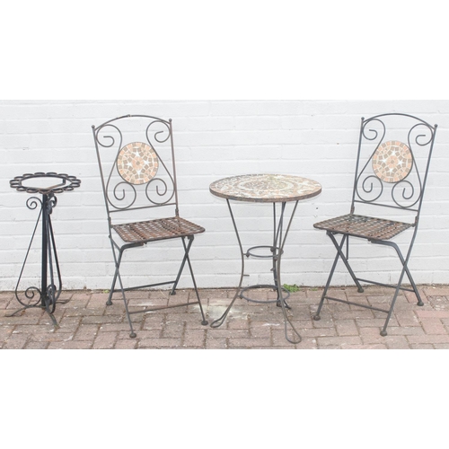 327 - Wrought iron bistro set, comprising 2 mosaic backed chairs and table, with further wrought iron tabl... 