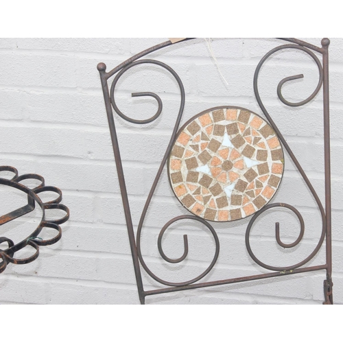 327 - Wrought iron bistro set, comprising 2 mosaic backed chairs and table, with further wrought iron tabl... 