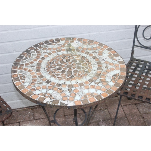 327 - Wrought iron bistro set, comprising 2 mosaic backed chairs and table, with further wrought iron tabl... 